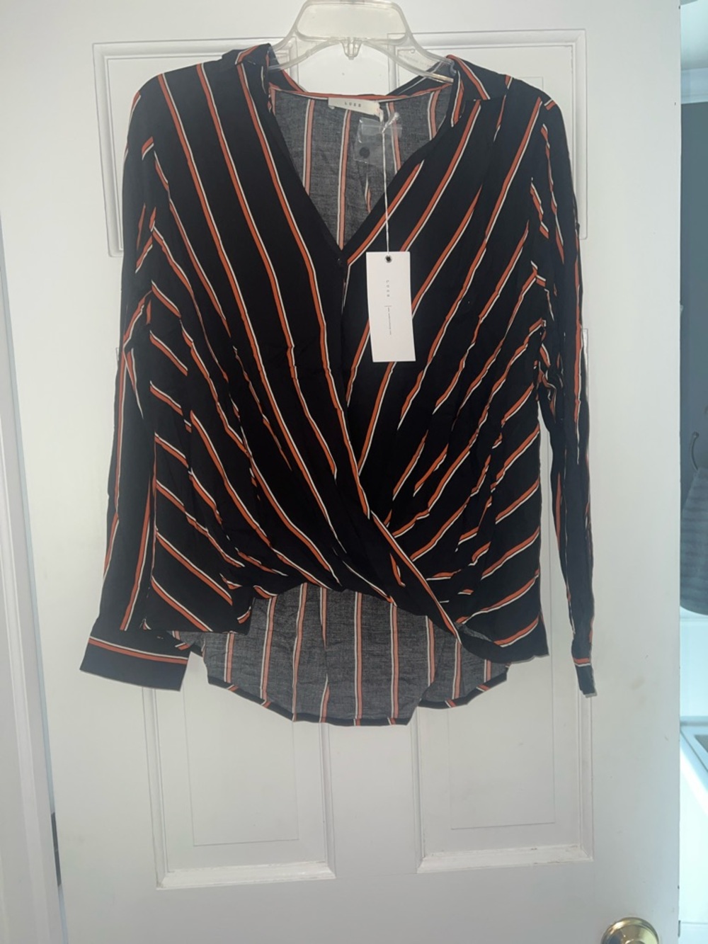Lush Black Blouse with Orange and White Stripes